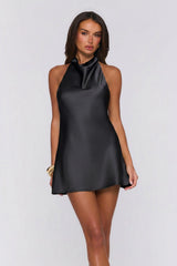 Power Walk Satin Halter Mini Dress Black