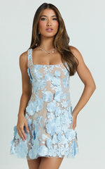Sienna Mini Dress - 3D Floral Fit And Flare Dress in Blue