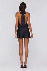 Power Walk Satin Halter Mini Dress Black