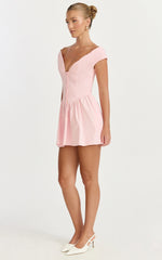 Lilac Mini Dress - Off Shoulder Fit & Flare Mini Dress in Pale Pink