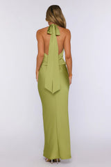 Palm Breeze Party Satin Halter Maxi Dress Lime