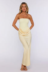 Graceful Moment Strapless Mesh Satin Maxi Dress Yellow