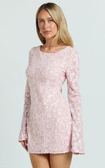 Terri Mini Dress - Long Sleeve Cowl Back Neck Dress in Pale Pink