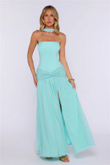 Pretty Feeling Strapless Mesh Maxi Dress Aqua