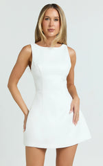 Raquelle Mini Dress - Boucle Boat Neck V Back Fit and Flare Dress in Pistachio