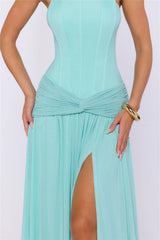 Pretty Feeling Strapless Mesh Maxi Dress Aqua
