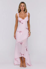 Flirty Sequin Embroidered High-Low Maxi Dress Pink