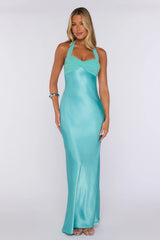 Leading Status Satin Halter Maxi Dress Blue