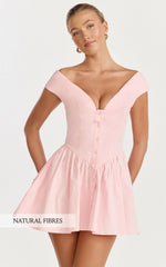 Lilac Mini Dress - Off Shoulder Fit & Flare Mini Dress in Pale Pink
