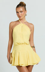 Violetta Mini Dress - Halter Neck Dropped Waist Fit and Flare Dress in Lemon