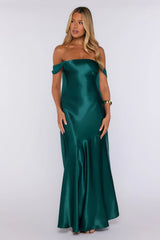 Evening Glam Off Shoulder Satin Maxi Dress Green