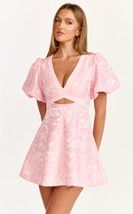 Rosalie Mini Dress - Floral Jacquard V Neck Fit and Flare Dress in White