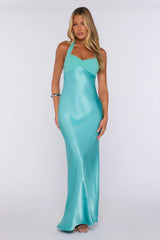 Leading Status Satin Halter Maxi Dress Blue