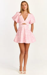 Rosalie Mini Dress - Floral Jacquard V Neck Fit and Flare Dress in White