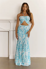 Tropical Escape Halter Cutout Maxi Dress Blue