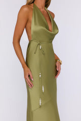 Showing Up Styled Satin Halter Maxi Dress Olive