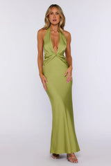 Palm Breeze Party Satin Halter Maxi Dress Lime