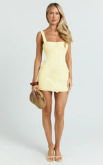 Sienna Mini Dress - Square Neck Floral Embroidered A Line Dress in Lemon