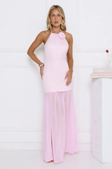 Twilight Soirée Halter Satin Maxi Dress Pink