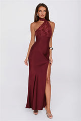 Sultry Serenade Satin Lace Neck Wrap Maxi Dress Wine