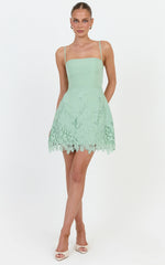 Maisie Mini Dress - Strapless Broderie Cut Out Border Hem Dress in Sage