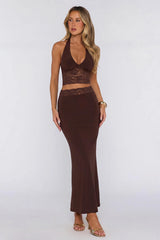 Style That Stays Halter Lace Crop Top Brown