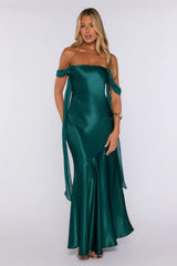 Evening Glam Off Shoulder Satin Maxi Dress Green
