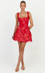 Sienna Mini Dress - 3D Floral Fit And Flare Dress in Red