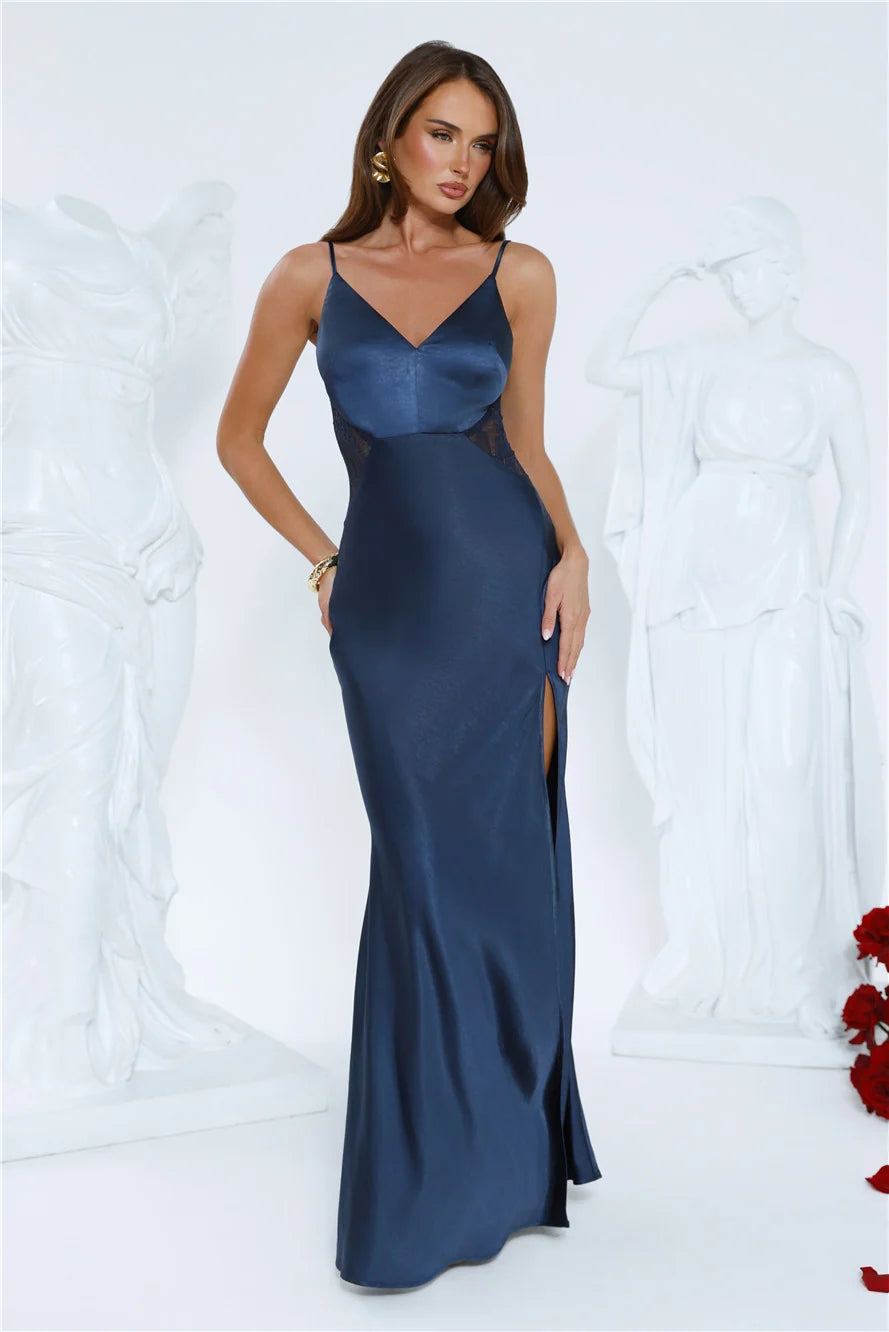 Silver Moonlight Satin Maxi Dress Navy
