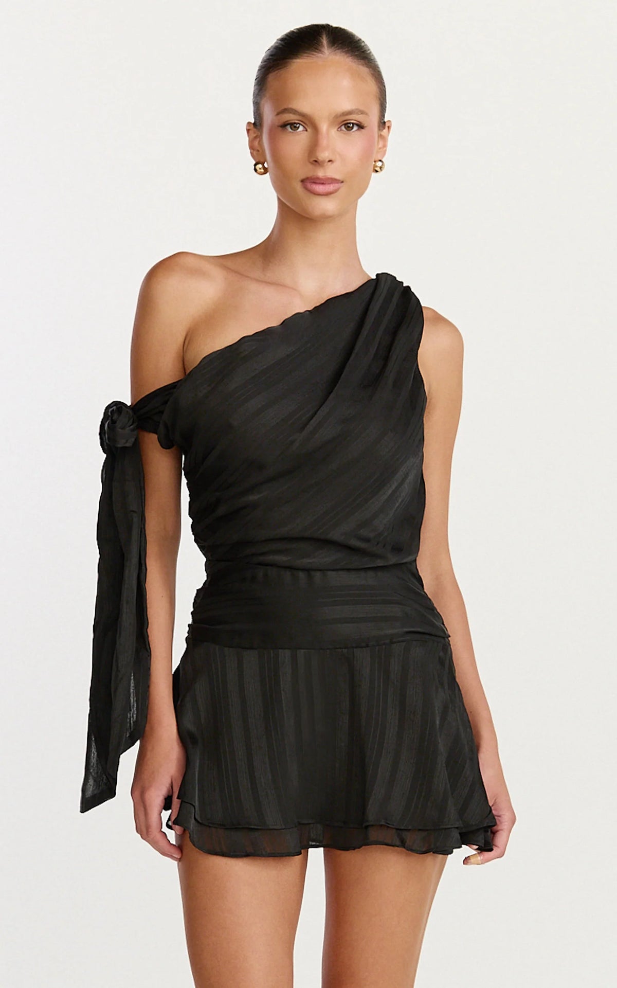 Giselle Mini Dress - Asymmetrical One Shoulder Tie Detail Dress in Lemon