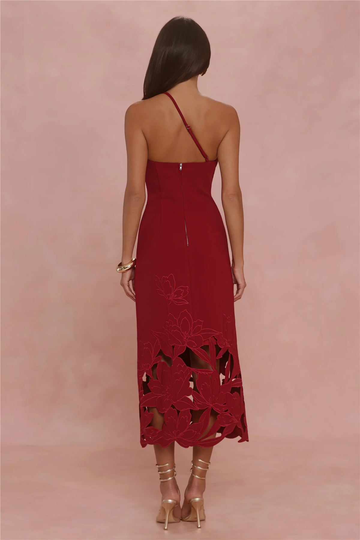 Style Expression One Shoulder Embroidered Midi Dress Deep Cherry Red