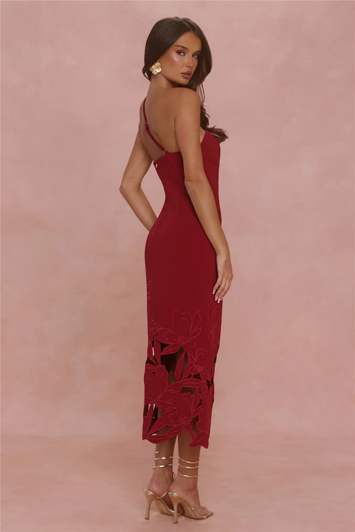 Style Expression One Shoulder Embroidered Midi Dress Deep Cherry Red