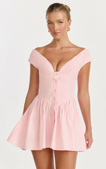 Lilac Mini Dress - Off Shoulder Fit & Flare Mini Dress in Pale Pink