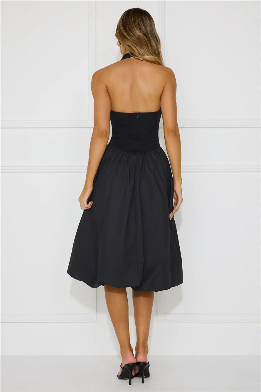 Rising Stars Halter Bubble Midi Dress Black
