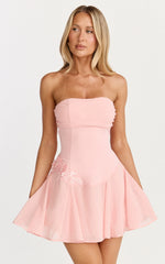Penny Mini Dress - Strapless Corset Bodice Floral Embellished Godet Dress in Soft Pink