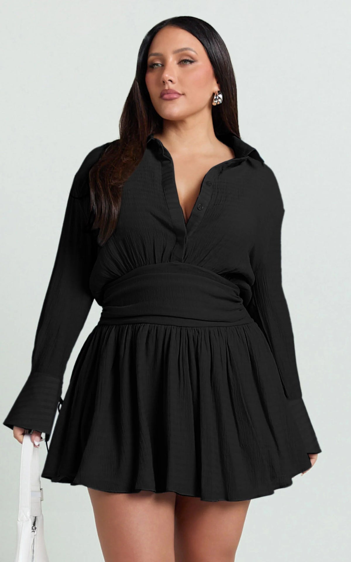 Valerie Mini Dress - Collared Long Sleeve Waist Shirt Dress in Black Polka Dot