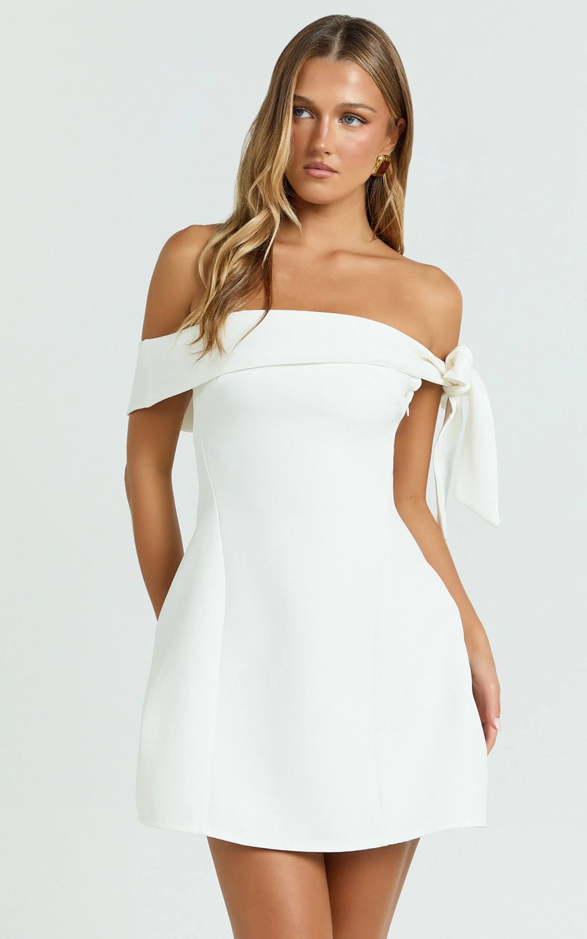 Cecilia Mini Dress - Off Shoulder Tie Detail Dress in Blue