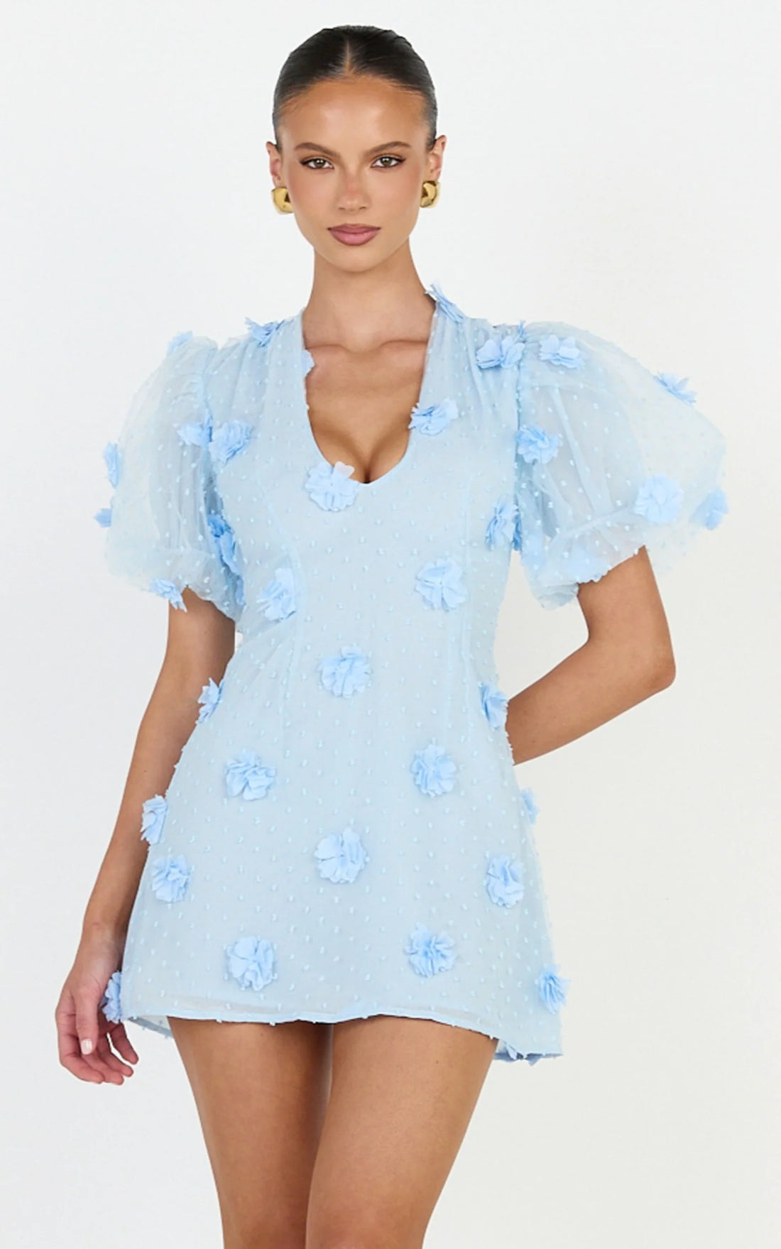 Azalea Mini Dress - Puff Sleeve 3D Floral A Line Dress in Pale Pink