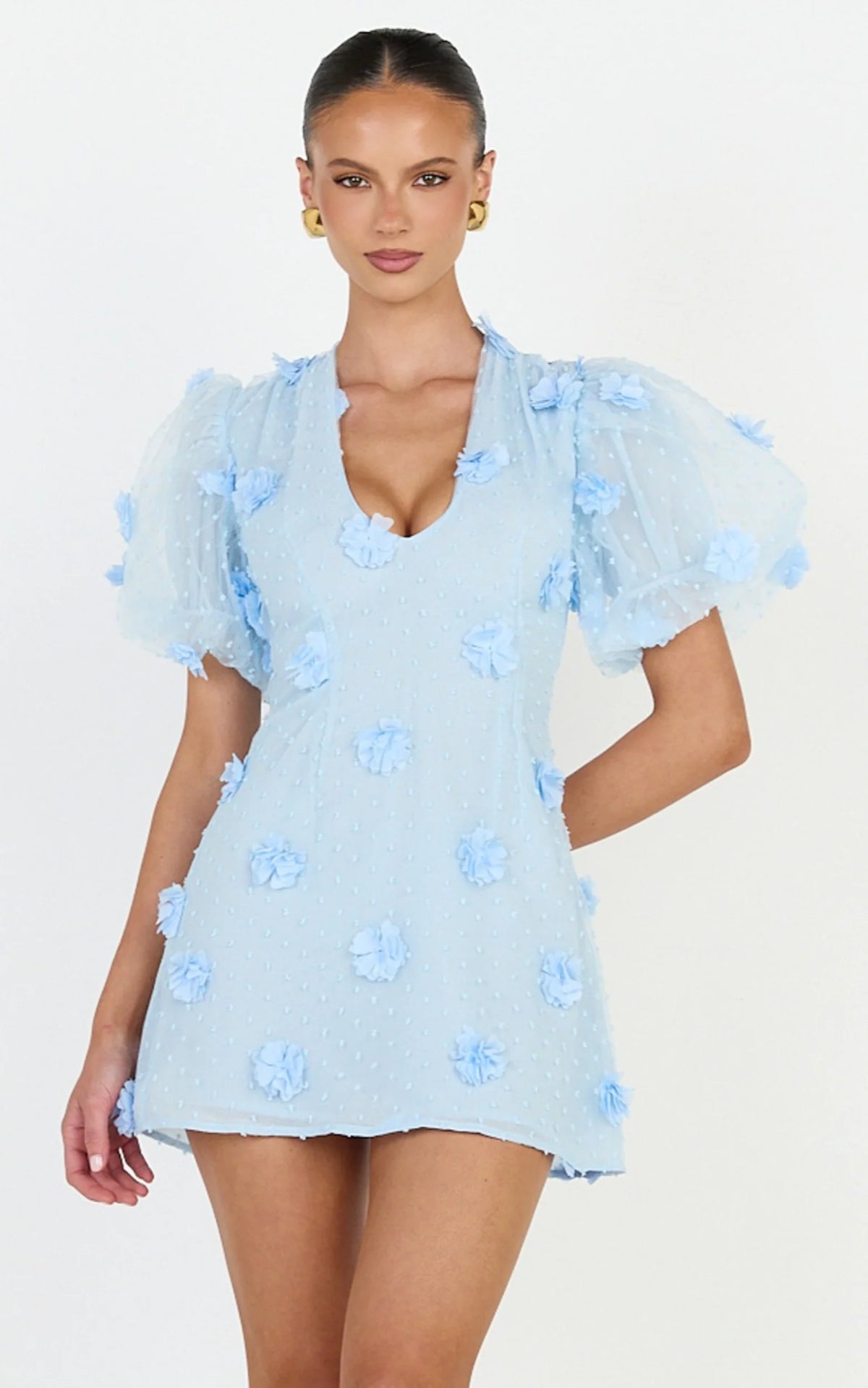Azalea Mini Dress - Puff Sleeve 3D Floral A Line Dress in Pale Pink