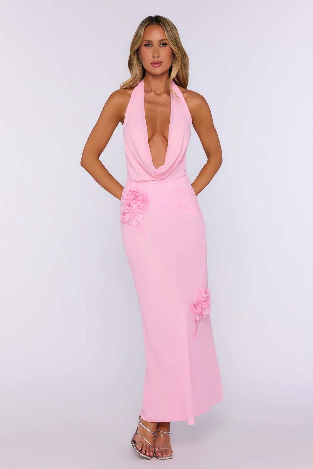Petal Theory Mesh Halter Maxi Dress Pink
