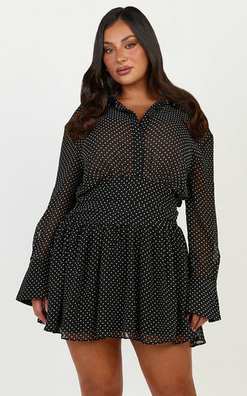 Valerie Mini Dress - Collared Long Sleeve Waist Shirt Dress in Black Polka Dot