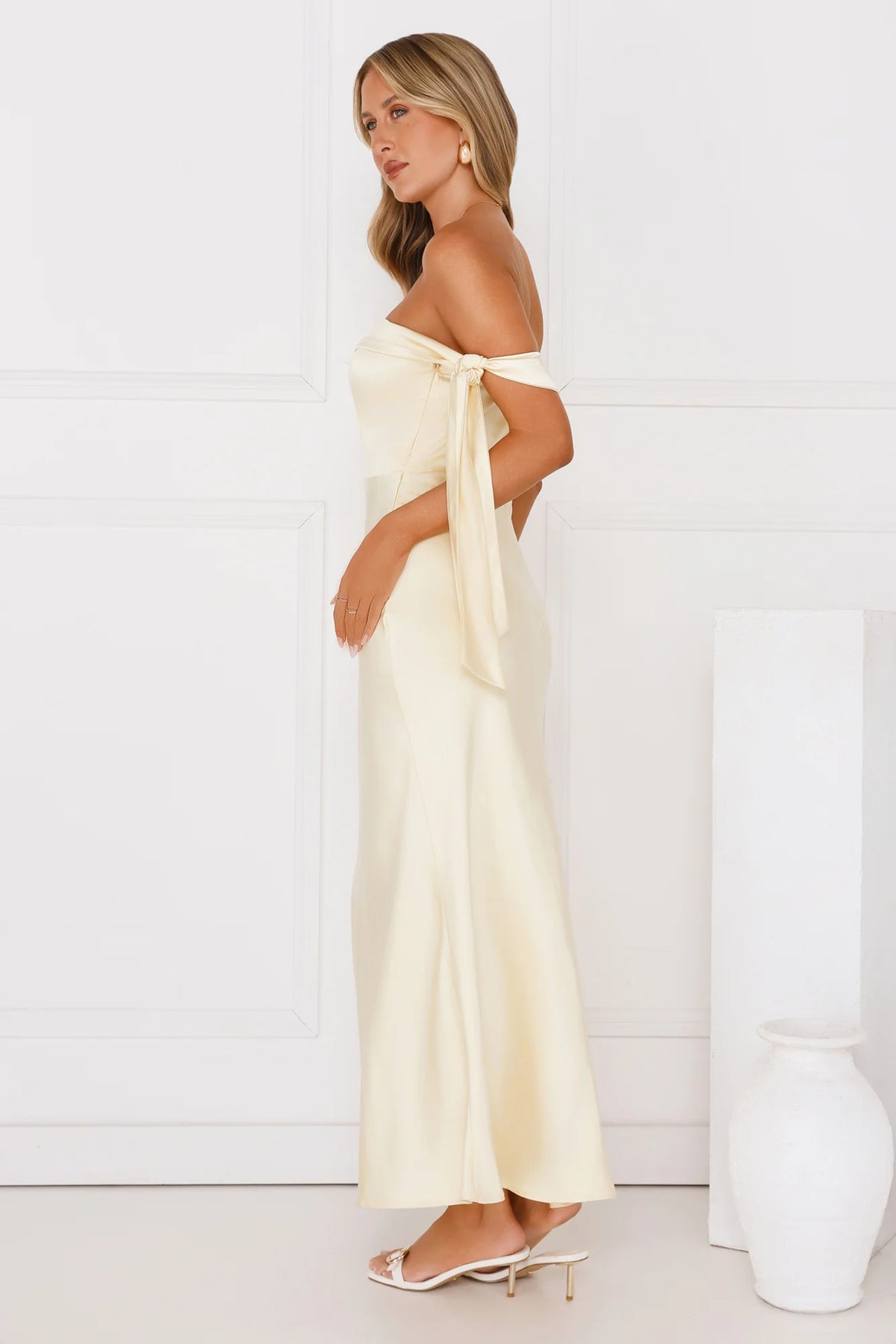 The Hype Off Shoulder Satin Midi Dress Black
