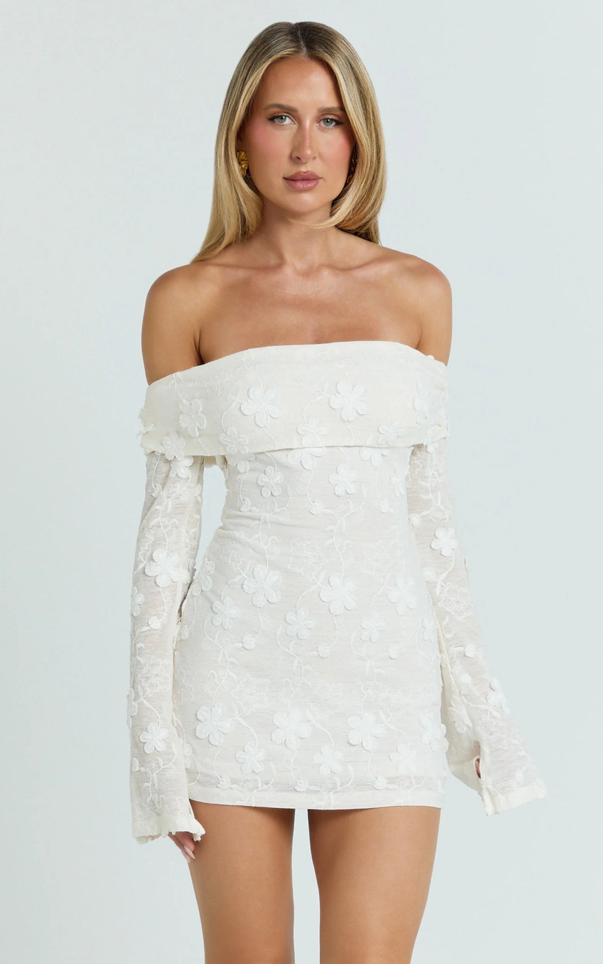 Raymond Mini Dress - Off Shoulder Long Sleeve Fitted Dress in Pink