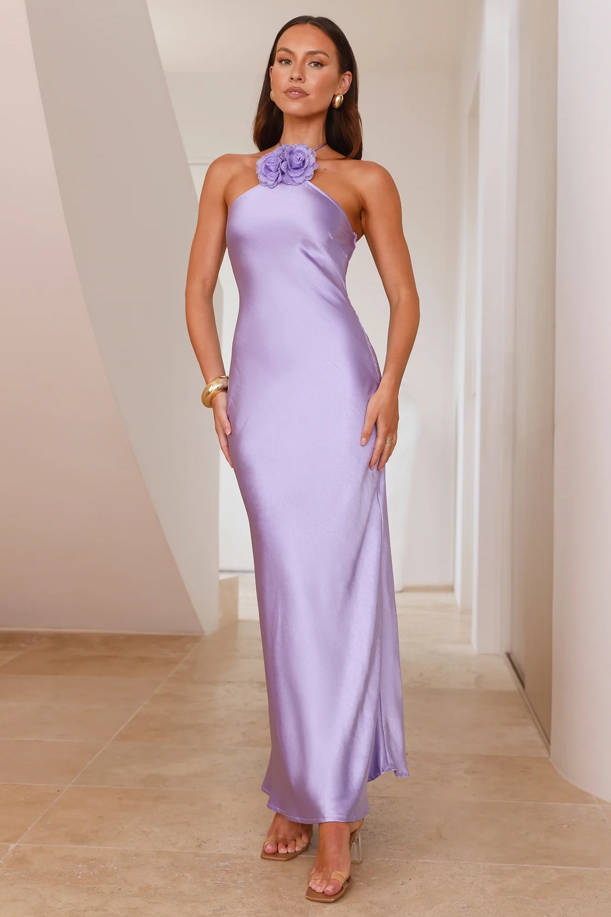 Admired By All Satin Halter Maxi Dress Blue