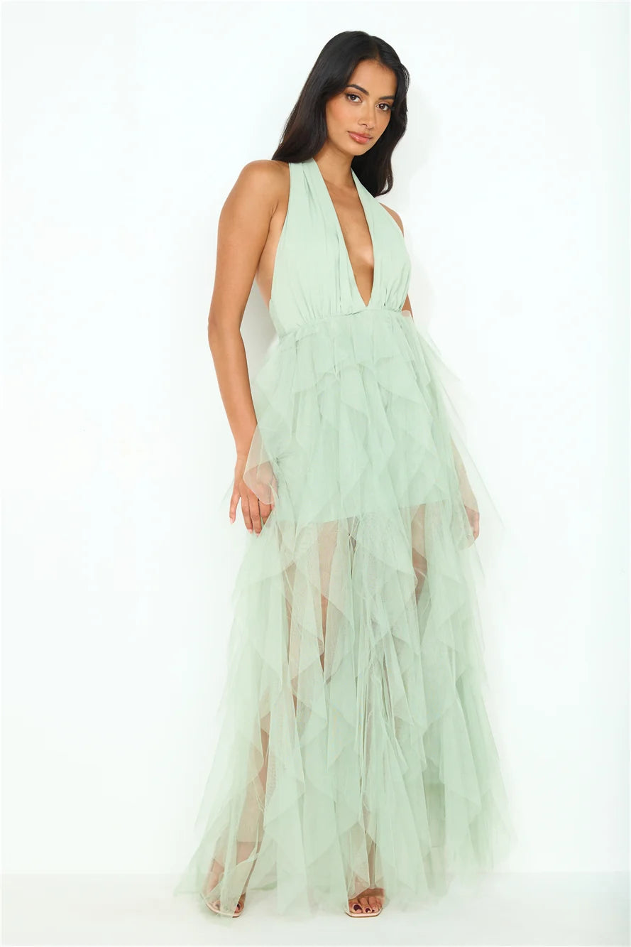 Into The Middle Tulle Halter Maxi Dress Pink