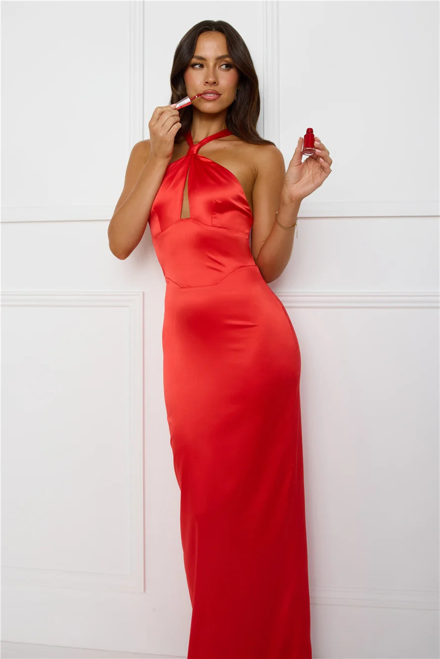 Diamond Elegance Satin Maxi Dress Red