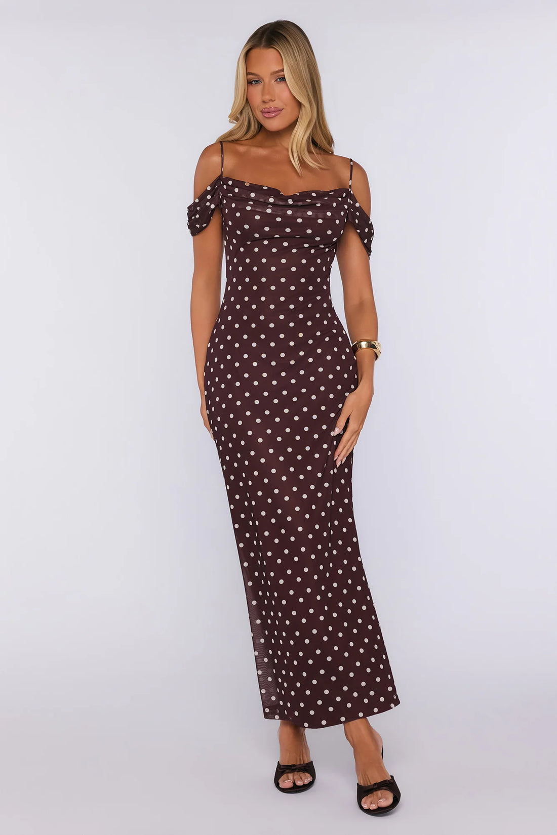 Show Up Stunning Mesh Off Shoulder Midi Dress Brown