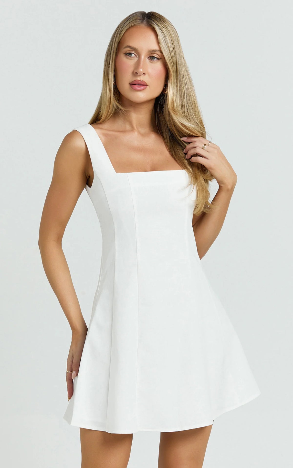 Adiana Mini Dress - Linen Square Neck Shirred Back A Line Dress in Pink