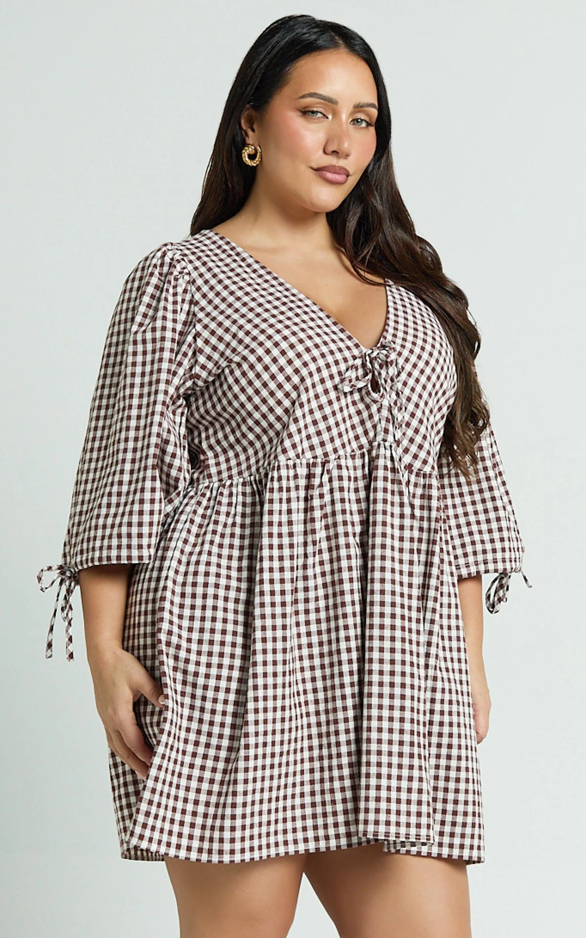 Rosita Mini Dress - Tie Front Puff Sleeve Dress in Black and White Check