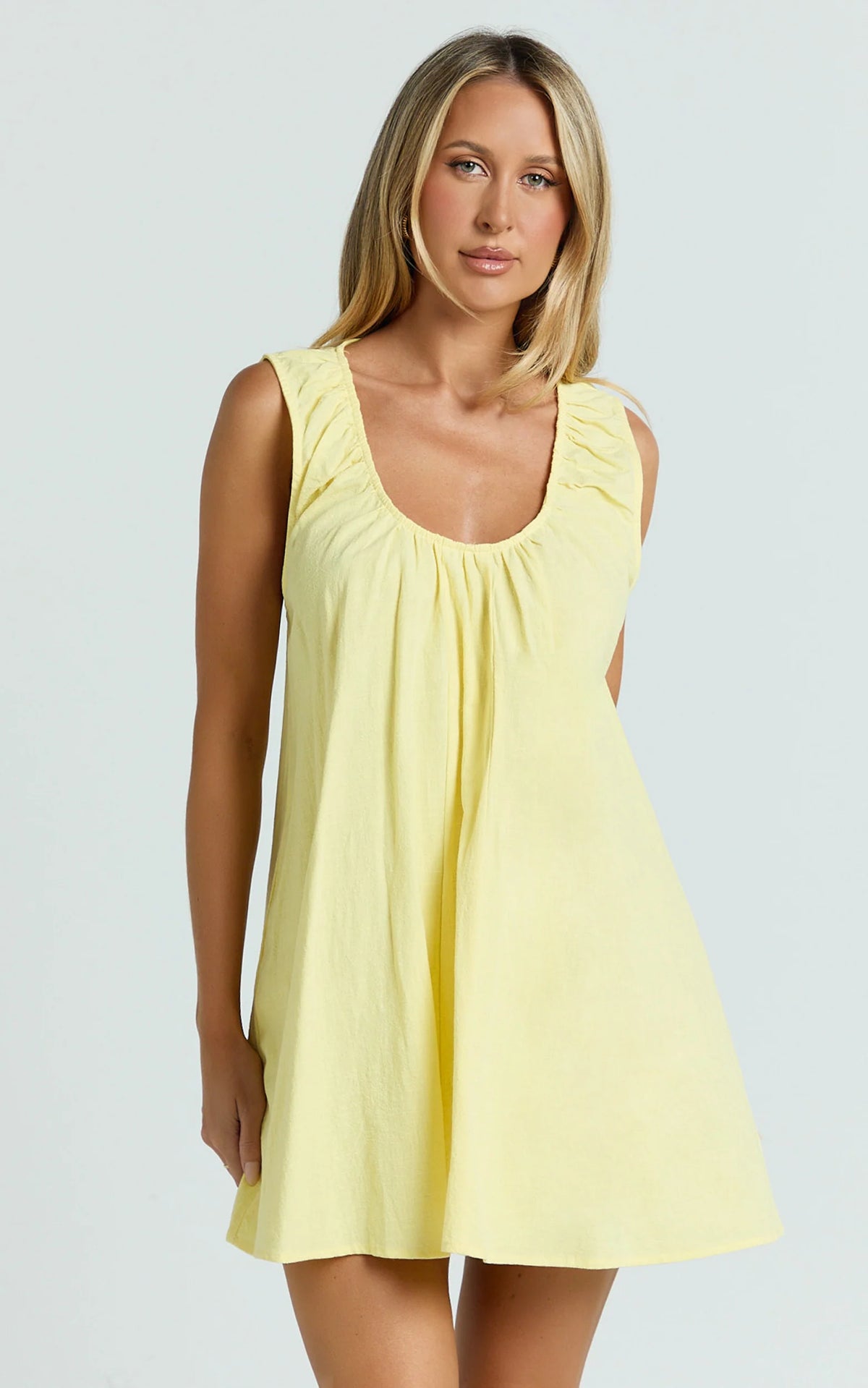 Lucinda Mini Dress - Deep U Gathered Neck Smock Dress in Pale Blue